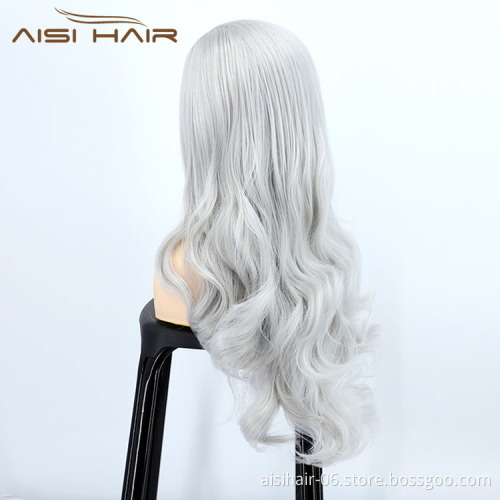 Aisi Hair New Design Vendor Cosplay Curly Long Wavy Body Wave Grey Lace Frontal Synthetic Hair For Black Women Lace Front Wig
